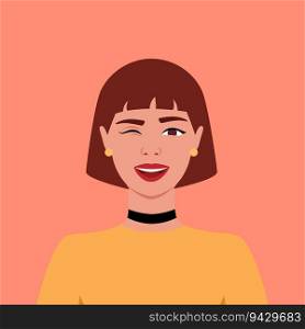 Young woman is winking. Avatar. Portrait. Human emotions. Playful. Funny. Support. Female. Flat style