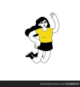 Young woman jump. Joy and enjoyment of life. A modern trendy female character. Flat cartoon illustration isolated on white. Happy girl in active motion. Young woman jump. Joy and enjoyment
