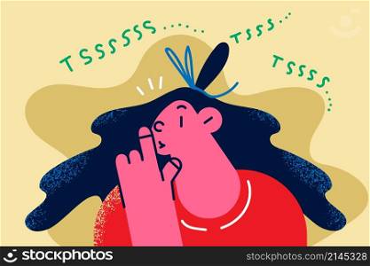 Young woman keep finger lips make hush gesture. Girl ask please be quiet shush or beg for silence. Female demand confidentiality and secrecy. Stop talking. Flat cartoon illustration. . Woman keep finger on lips ask silence