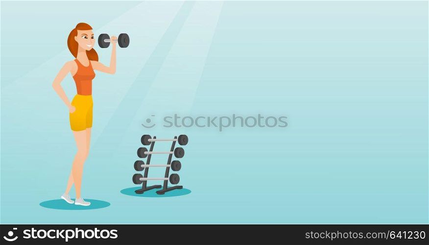Young woman lifting a heavy weight dumbbell. Caucasian strong sportswoman doing exercise with dumbbell. Weightlifter holding dumbbell in the gym. Vector flat design illustration. Horizontal layout.. Woman lifting dumbbell vector illustration.