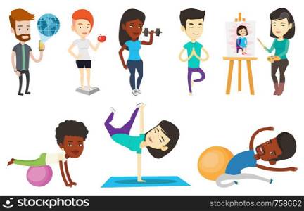 Young woman lifting heavy weight dumbbell. African sportswoman doing exercise with dumbbell. Female weightlifter holding dumbbell. Set of vector flat design illustrations isolated on white background.. Vector set of sport characters.
