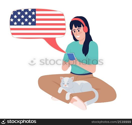 Young woman listening to american english course semi flat color vector character. Sitting figure. Full body person on white. Simple cartoon style illustration for web graphic design and animation. Young woman listening to american english course semi flat color vector character