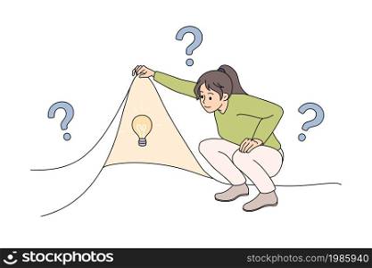 Young woman look behind cover look for business idea solution. Confused girl feel frustrated doubtful search for innovative information. Innovation, problem solving concept. Vector illustration. . Confused woman look for innovative business idea