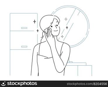 Young woman look in mirror in bathroom do daily beauty procedures. Smiling female perform face skincare routine in bath. Vector illustration. . Woman do beauty procedures in bathroom 
