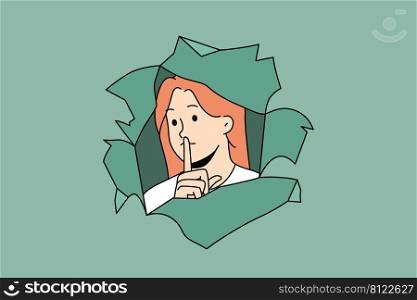 Young woman look through paper hole keep finger at lips ask for silence. Girl beg for being quiet and silent. Keep secret and not talk much. Censorship concept. Vector illustration. . Woman keep finger at lips ask silence