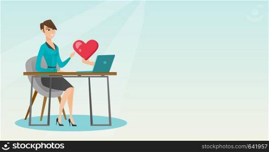 Young woman looking for online date on the internet. Woman using a laptop and dating online. Woman dating online and getting a virtual love message. Vector flat design illustration. Horizontal layout.. Young woman using a laptop online dating.