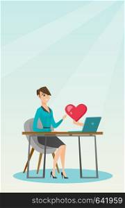 Young woman looking for online date on the internet. Woman using a laptop and dating online. Woman dating online and getting a virtual love message. Vector flat design illustration. Vertical layout.. Young woman using a laptop online dating.