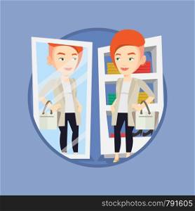 Young woman looking in a mirror at dressing room. Girl trying on blouse in dressing room. Woman choosing clothes in dressing room. Vector flat design illustration in the circle isolated on background.. Woman trying on clothes in dressing room.