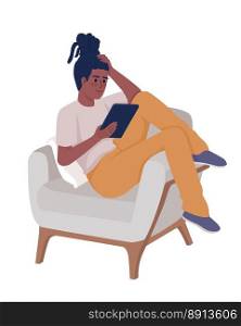 Young woman lying in armchair with tablet device semi flat color vector character. Editable figure. Full body person on white. Simple cartoon style illustration for web graphic design and animation. Young woman lying in armchair with tablet device semi flat color vector character