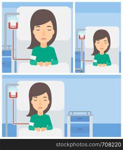 Young woman lying in bed at hospital ward with equipment for blood transfusion. Vector flat design Illustration. Square, horizontal, vertical layouts.. Patient lying in hospital bed.