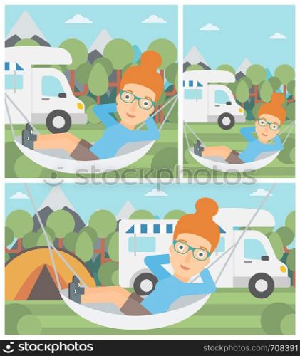 Young woman lying in hammock in front of motor home in the forest. Woman resting in hammock and enjoying vacation in camper van. Vector flat design illustration. Square, horizontal, vertical layouts.. Woman lying in hammock in front of motor home.