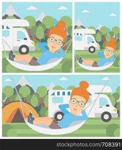 Young woman lying in hammock in front of motor home in the forest. Woman resting in hammock and enjoying vacation in camper van. Vector flat design illustration. Square, horizontal, vertical layouts.. Woman lying in hammock in front of motor home.