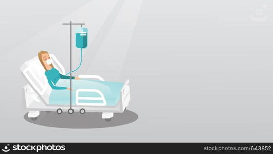 Young woman lying in hospital bed with an oxygen mask. Woman during medical procedure with a drop counter. Patient recovering in bed in a hospital. Vector flat design illustration. Horizontal layout.. Patient lying in hospital bed with oxygen mask.