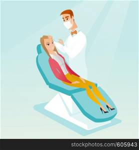 Young woman lying on the couch in beauty salon and getting cosmetic dermal injection in her face. Doctor making beauty injections to female client. Vector flat design illustration. Square layout.. Woman receiving beauty facial injections in salon.