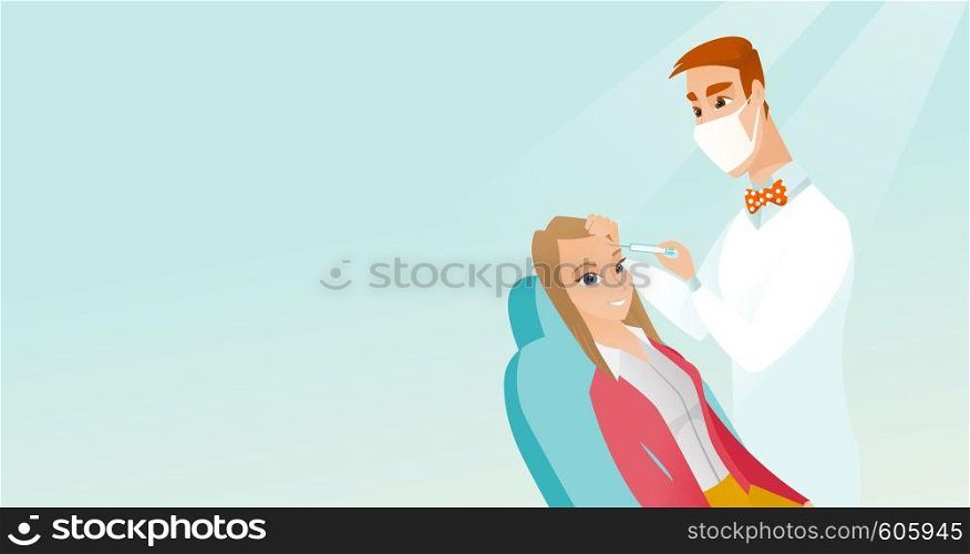 Young woman lying on the couch in beauty salon and getting cosmetic dermal injection in her face. Doctor making beauty injections to female client. Vector flat design illustration. Horizontal layout.. Woman receiving beauty facial injections in salon.