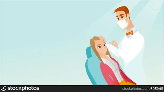 Young woman lying on the couch in beauty salon and getting cosmetic dermal injection in her face. Doctor making beauty injections to female client. Vector flat design illustration. Horizontal layout.. Woman receiving beauty facial injections in salon.