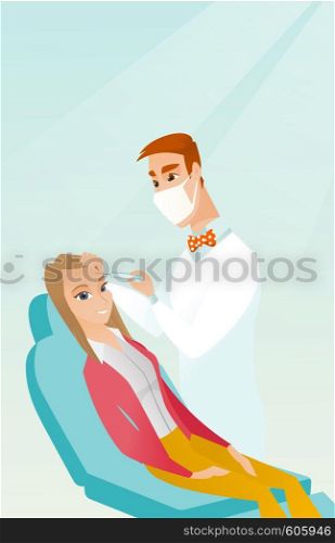 Young woman lying on the couch in beauty salon and getting cosmetic dermal injection in her face. Doctor making beauty injections to female client. Vector flat design illustration. Vertical layout.. Woman receiving beauty facial injections in salon.