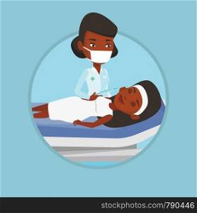 Young woman lying on the couch in beauty salon and getting cosmetic dermal injection. Doctor making beauty injections to a client. Vector flat design illustration in the circle isolated on background.. Woman receiving beauty facial injections in salon.
