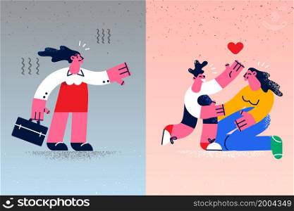 Young woman make choice between work and family life. Businesswoman and loving mother with child compared. Motherhood and employment problem and balance concept. Flat vector illustration. . Businesswoman and mother life on contrary