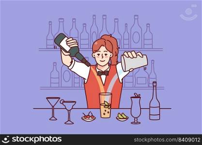 Young woman making cocktails at bar. Happy female barmen mix alcohol preparing beverage or drink in restaurant. Vector illustration.. Woman barmen making cocktails at bar