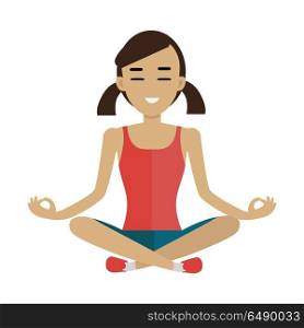 Young Woman Making Meditation in Lotus Pose. Young woman in red shirt and blue shorts making meditation in lotus pose. Zen woman in yoga pose. Meditating woman. Isolated object in flat design on white background.