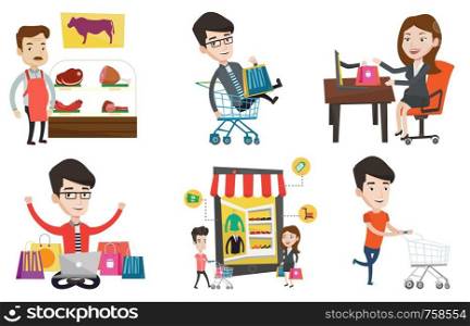 Young woman making online order in virtual shop. Caucasian woman using laptop for online shopping. Woman doing online shopping. Set of vector flat design illustrations isolated on white background.. Vector set of shopping people characters.