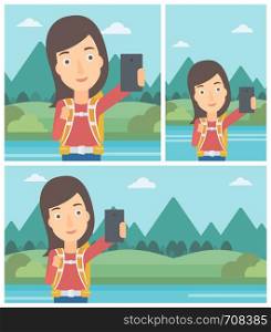 Young woman making selfie on the background of mountains. Travelling woman with backpack taking photo with cellphone. Vector flat design illustration. Square, horizontal, vertical layouts.. Woman with backpack making selfie.