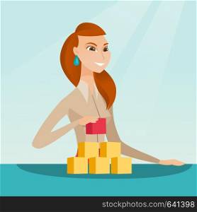 Young woman making the pyramid of social network. Smiling caucasian woman building her social network. Concept of networking and communication. Vector flat design illustration. Square layout.. Woman building her social network.