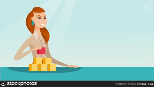 Young woman making the pyramid of social network. Smiling caucasian woman building her social network. Concept of networking and communication. Vector flat design illustration. Horizontal layout.. Woman building her social network.
