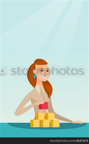 Young woman making the pyramid of social network. Smiling caucasian woman building her social network. Concept of networking and communication. Vector flat design illustration. Vertical layout.. Woman building her social network.