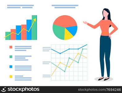 Young woman manager stands and points to huge billboard with analytical information, bar and pie charts, area charts, line graph dots, arrows. Consumer research, data monitoring, customer acquisition. Woman stands and points to large stand with analytical data, charts, bar and pie charts, flat image