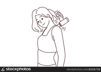Young woman massage back with electric massager. Smiling girl relieve backache with electronic massaging device. Vector illustration.. Woman massage back with electronic massager