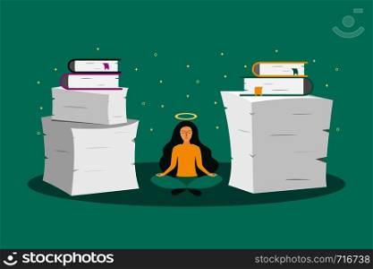 Young woman meditates between piles of paper. Information overload concept. Vector illustration.