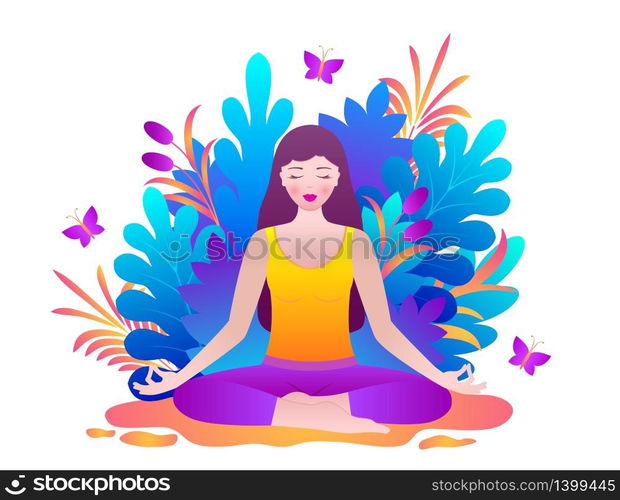 Young woman meditates sitting in lotus pose.Vector illustration