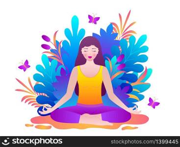 Young woman meditates sitting in lotus pose.Vector illustration