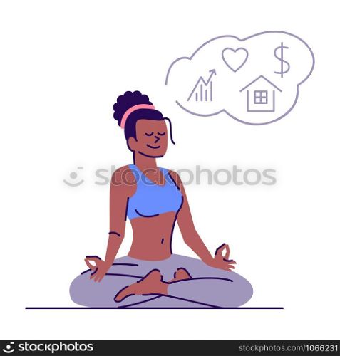Young woman meditating in lotus position flat vector illustration. Visualisation practice. Girl meditates and attracts dreams isolated cartoon character with outline elements on white background