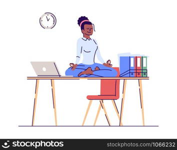 Young woman meditating on workplace flat vector illustration. Stress management. Mental balance. Girl relaxing in lotus position isolated cartoon character with outline elements on white background