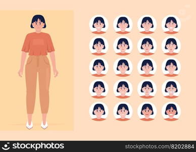 Young woman mental conditions semi flat color character emotions set. Editable facial expressions. Lifestyle and moods vector style illustration for motion graphic design and animation. Young woman mental conditions semi flat color character emotions set