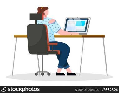 Young woman, office worker work on laptop at office room. Working process of person. Lady sit on chair by table and type on keyboard of computer. Vector illustration of workspace in flat style. Woman Work on Laptop at Office, Worker Workplace