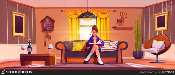 Young woman on couch reads book in living room. Cartoon cozy interior with vintage clock and decor on wall, bottle of wine and glasses on table, large window with curtains. Relaxation at home or hotel. Young woman on couch reads book in living room