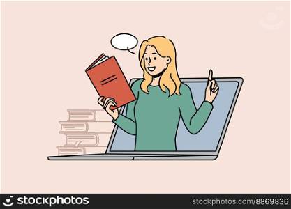 Young woman on laptop screen having online lesson on modern gadget. Smiling female teacher or tutor with book lead webcam class on computer. Education. Vector illustration. . Woman teacher on laptop lead online lesson