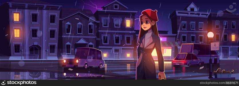 Young woman on night street at rainy weather in town with cars going along illuminated road with lampposts and crossroad, water puddles and flash lightning in dark sky, cartoon vector illustration. Young woman on night street at rainy weather.