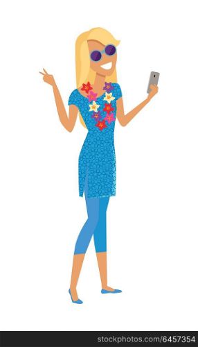 Young Woman on Vacation Makes a Selfie. Young woman with a necklace of tropical flowers makes a selfie vector illustration. Tourist take picture on vacation in tropical country. Flat style design concept. Isolated on white.