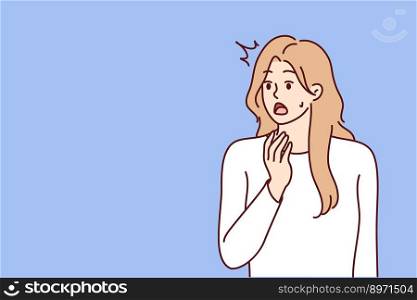 Young woman opens mouth when she sees unexpected event or experiences shock reaction after harsh statement. Girl is shocked by unexpected news about moving crisis or upcoming problems in labor market . Young woman opens mouth when she sees unexpected event or experiences shock reaction