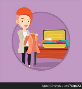 Young woman packing clothes in an opened suitcase. Caucasian woman putting a jacket into a suitcase. Woman preparing for vacation. Vector flat design illustration in the circle isolated on background.. Woman packing his suitcase vector illustration.