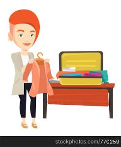 Young woman packing her clothes in an opened suitcase. Caucasian woman putting a jacket into a suitcase. Woman preparing for vacation. Vector flat design illustration isolated on white background.. Woman packing his suitcase vector illustration.