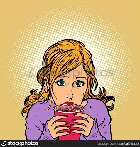 young woman paper cup hot coffee. Comic cartoon pop art retro vector illustration drawing. young woman paper cup hot coffee