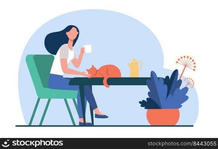 Young woman patting red cat while drinking tea. Coffee break, morning, pet flat vector illustration. Cozy home, hot drink, autumn concept for banner, website design or landing web page