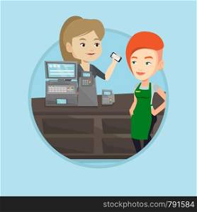 Young woman paying wireless with her smartphone at the supermarket checkout. Customer making payment for purchase with smartphone. Vector flat design illustration in the circle isolated on background.. Customer paying wireless with smartphone.
