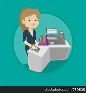 Young woman paying wireless with his smart watch at the checkout counter. Customer making payment for purchase with smart watch. Vector flat design illustration in the circle isolated on background.. Woman paying wireless with smart watch.